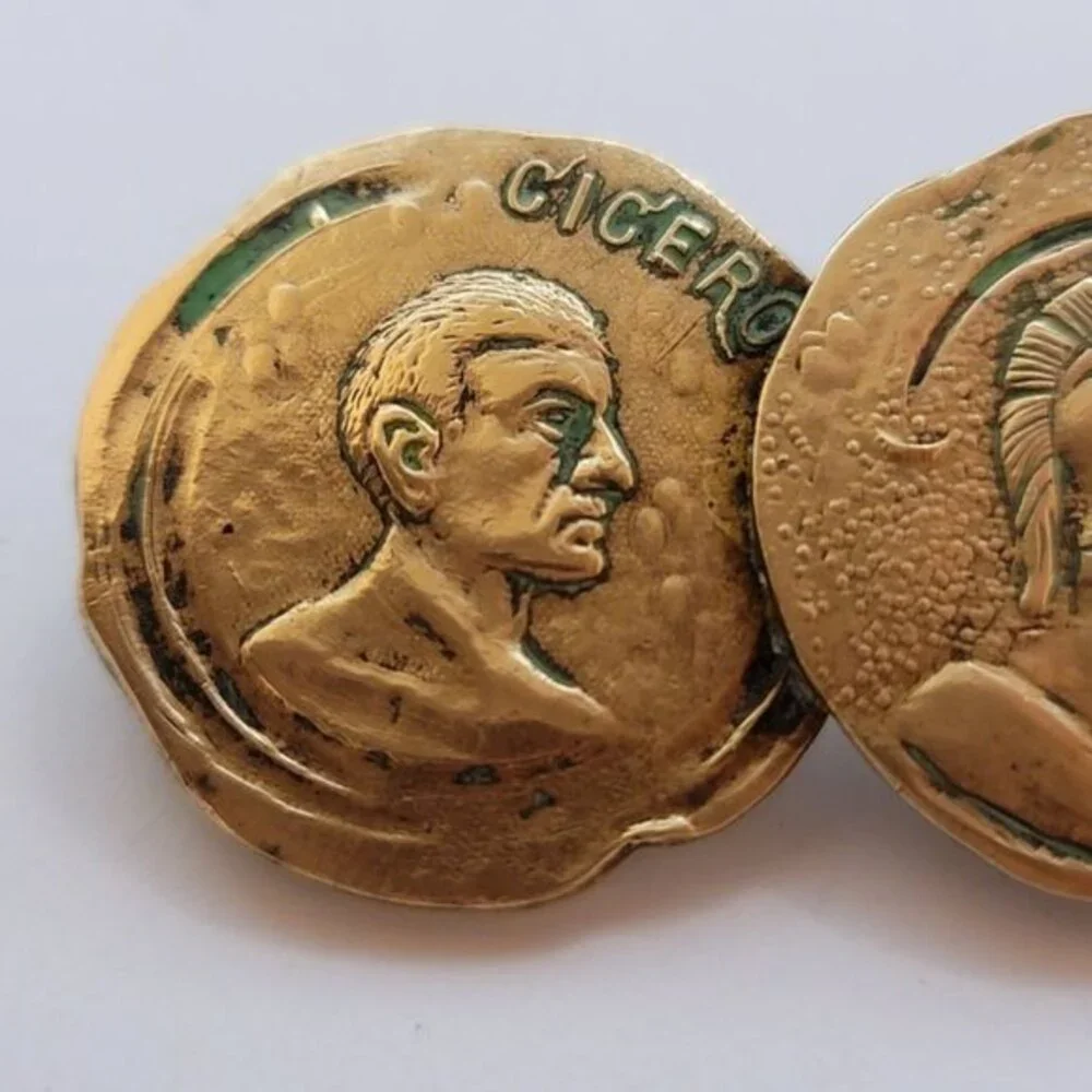Vintage Roman Coin Brooch – Brass Tone 3-Coin Design, Cicero & Roma Motif